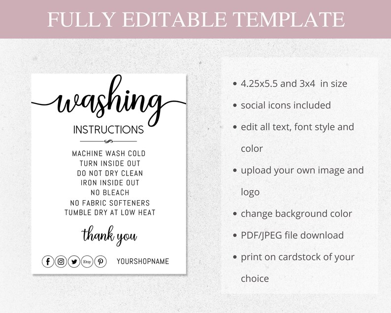 Washing Instructions Care Card, Canva Editable Template, Printable Clothing Packaging Insert, Small Business image 5