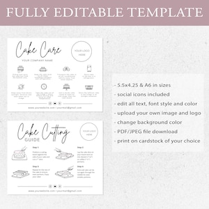 cake care card, instant download, cake cutting guide, care instructions, small business, cake cutting set, canva template, bakery care card, cake care guide, cake portion guide, cake business, thank you cards, editable template