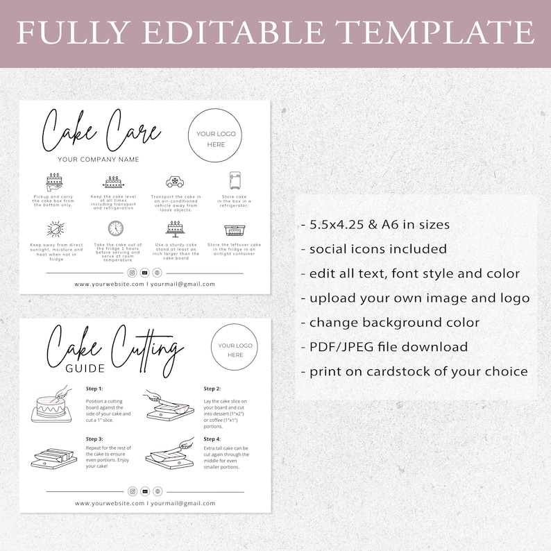 cake care card, instant download, cake cutting guide, care instructions, small business, cake cutting set, canva template, bakery care card, cake care guide, cake portion guide, cake business, thank you cards, editable template