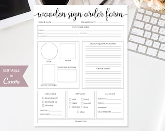 May include: A printable wooden sign order form with sections for customer information, design details, order notes, delivery options, payment methods, and a total amount. The form includes a section for choosing the shape of the sign, with options for circle, square, landscape rectangle, and portrait rectangle.