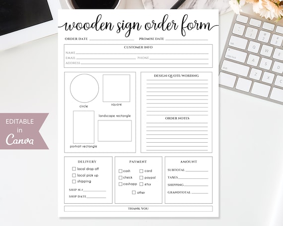 Wooden Sign Printable Order Form | Editable Canva Template | Crafters Order Form Template | Order Form for Crafters | Etsy Shop Forms.
