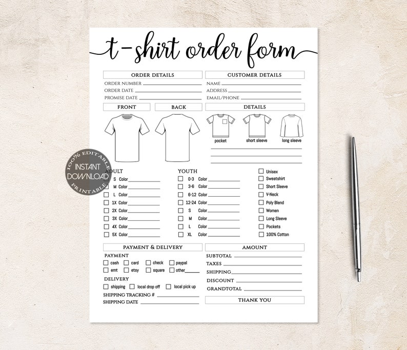 Tshirt Order Form Editable Template Craft Business Order | Etsy