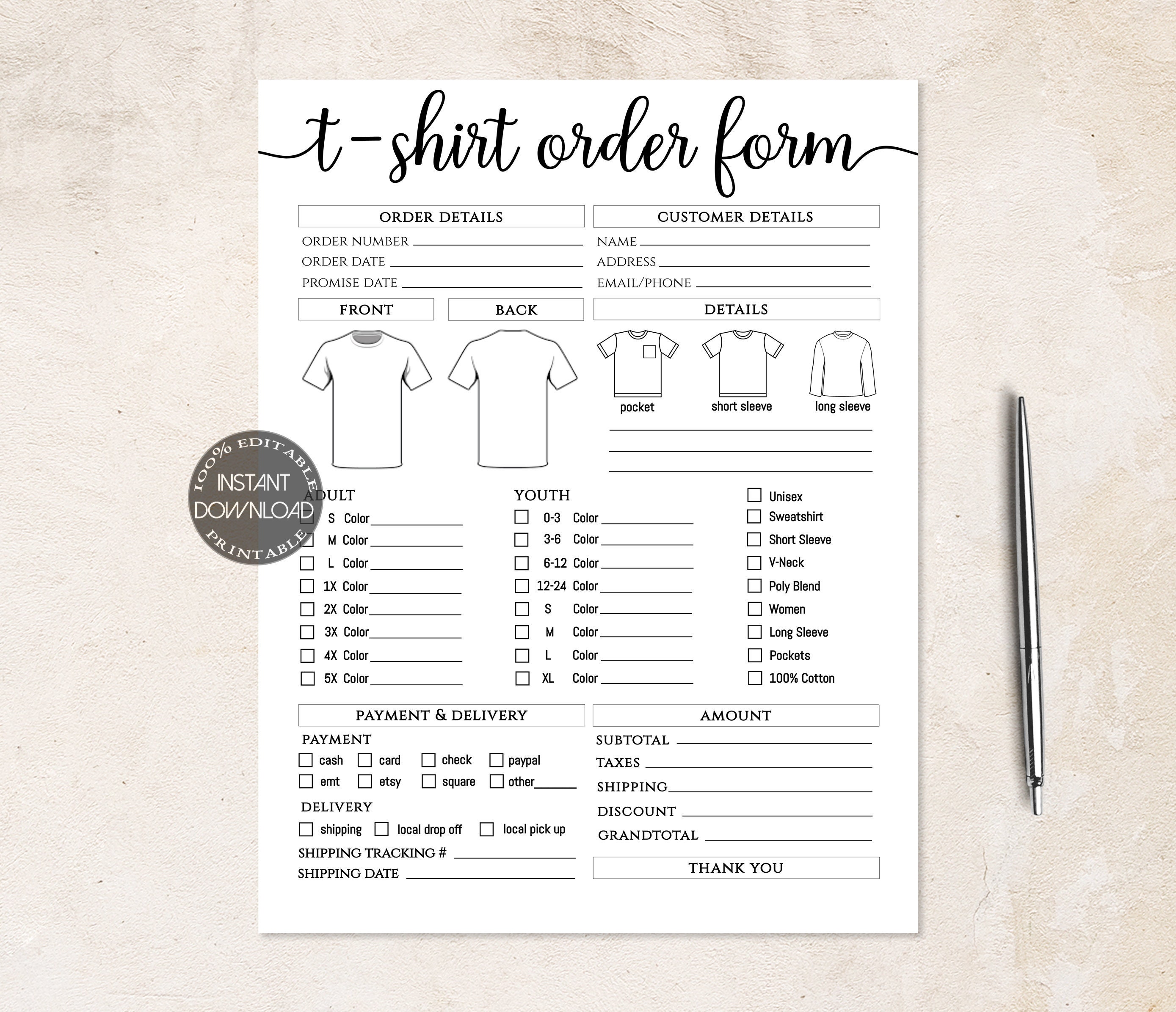 Tshirt Order Form Editable Template Craft Business Order  Etsy For Blank T Shirt Order Form Template