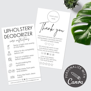 May include: Two white cards with black text. One card reads "Upholstery Deodorizer care instructions" with usage tips. The other says "Thank you" with a space for a logo and social media icons. A Canva sticker is in the corner.