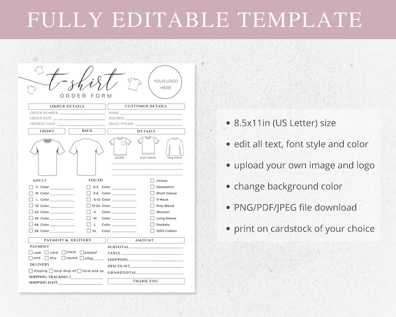 May include: A printable t-shirt order form template with sections for order details, customer information, and shirt specifications. The form includes options for adult and youth sizes, payment, and delivery. The form is 21.6 x 27.9 cm.