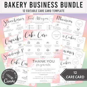 12 modelli di biglietti da visita stampabili per la cura della pasticceria (Canva) con cura della torta, cura dei biscotti, cura dei cupcake, schede per allergie, guida al taglio della torta e biglietti di ringraziamento.