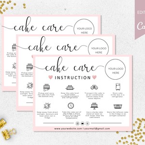 Modèle de carte d'entretien pour gâteau, cartes d'entretien pour gâteau de mariage modifiables Canva, guide d'entretien pour gâteau imprimable, instructions pour le gâteau, téléchargement immédiat. DTP-031