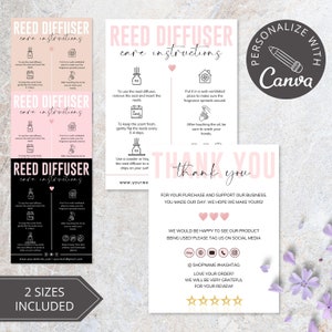 Op de afbeelding: Roze en zwarte verzorgingsinstructies voor een rietdiffuser met een bedankkaart voor klanten. De kaart bevat sociale media-pictogrammen en een vijfsterrenbeoordeling.