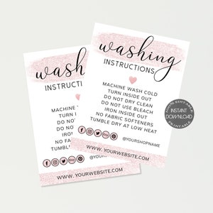 Waschanleitung Karte bearbeitbar, Waschpflege Karten Vorlage, Craft Business Vorlagen, 100% bearbeitbar, Sofort Download. DTP-020
