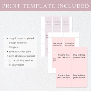 May include: A printable template for creating cards. The template has a pink background and includes instructions to drag and drop your card design into the template. The text "Drag and drop your card here" is repeated throughout the template.