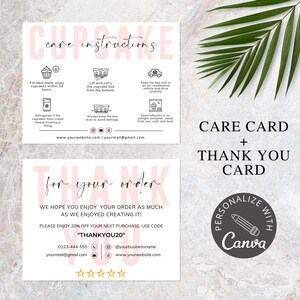 Onderhoudsinstructies cupcakes canvas sjabloon | Bewerkbare onderhoudskaart voor cupcake-bestellingen | Insteekkaart voor bakkerijverpakkingen