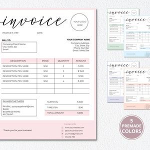 Invoice Editable Template, Printable Order Form Invoice, 5 Premade Colors Digital Invoice Form, Small Business Canva Template. DTP-001