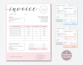 Invoice Editable Template, Printable Order Form Invoice, 5 Premade Colors Digital Invoice Form, Small Business Canva Template. DTP-001