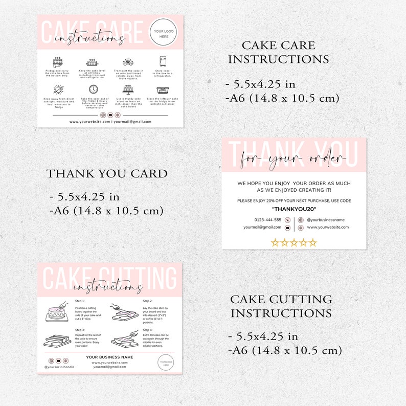 cake care card, instant download, cake cutting guide, care instructions, small business, cake cutting set, canva template, bakery care card, cake care guide, cake portion guide, cake business, thank you cards, editable template