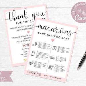 Modelo de cartão de cuidados com macarons, cartões de cuidados com macarons de casamento editáveis da Canva, guia de cuidados para impressão, instruções para bolo, download instantâneo. DTP-031