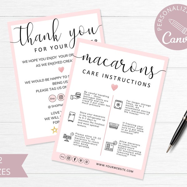 Macarons Care Card Template, Canva Editable Wedding Macarons Care Cards, Printable Care Guide, Cake Instructions, Instant Download. DTP-031