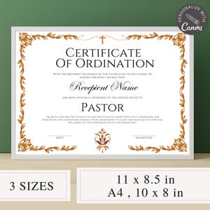 Certificaatsjabloon predikant, bewerkbare canva-sjabloon voor kerk, aanpasbaar bedieningscertificaat, afdrukbaar certificeringsformulier