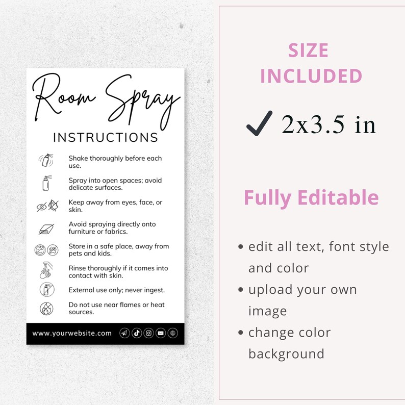 room spray diffuser, care card, canva template, care instructions