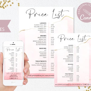 Modelo de lista de preços rosa, modelo editável do Canva, lista de preços de salão de beleza faça você mesmo, lista de preços de beleza, guia de preços, lista de preços do Instagram. DTP-003