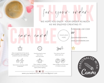 Candle Care Card Template I Canva Template I Candle Thank You Card For Customers I Editable Candle Instructions Card I Custom Care Card