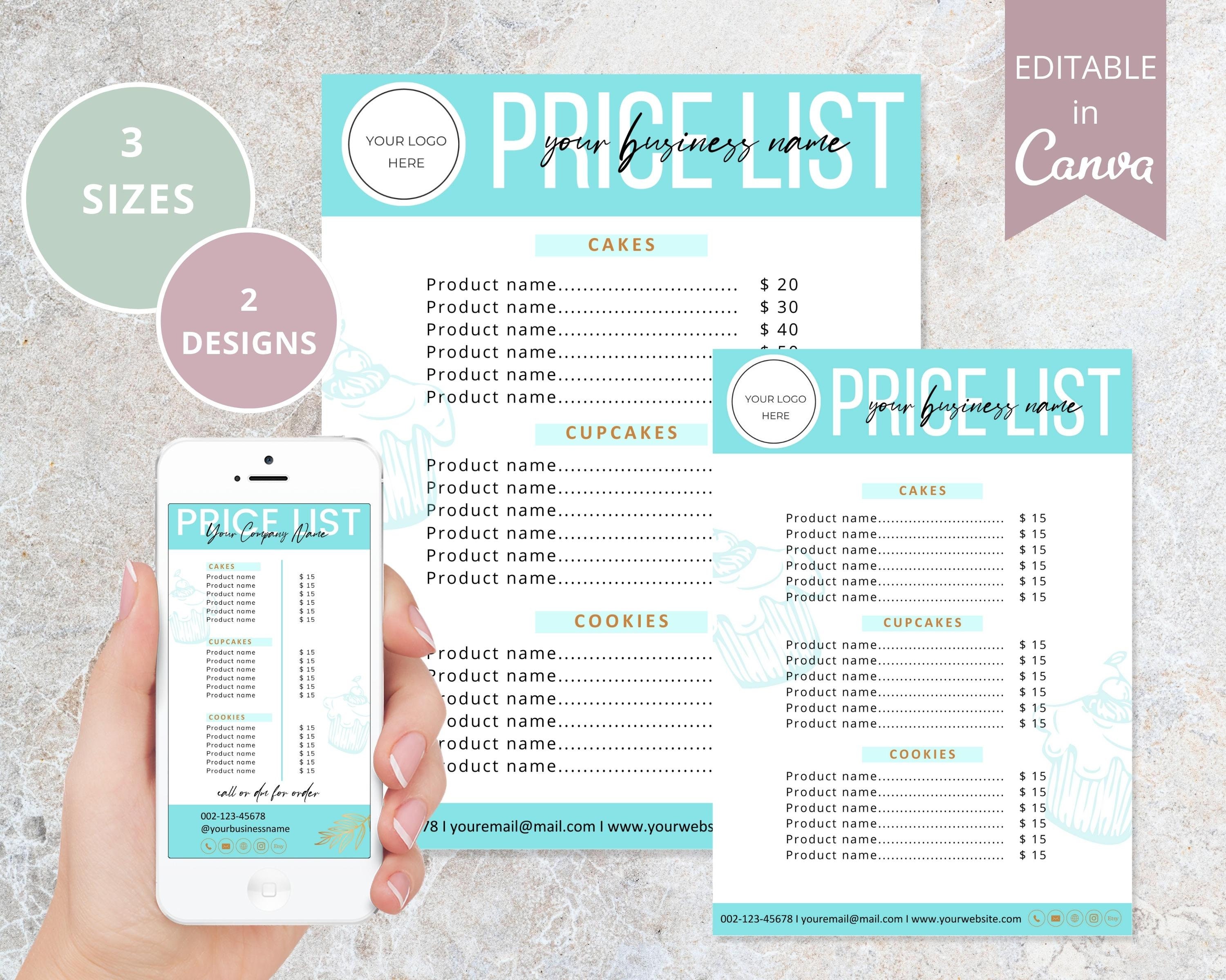 Cake Price List Template Canva Editable Cupcakes Price List Etsy