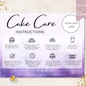 Taartverzorgingskaartsjabloon, Canva bewerkbare verzorgingskaarten bruidstaart, afdrukbare gids voor taartverzorging, taartinstructies, direct downloaden. DTP-031