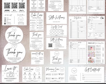 Taartvisitekaartjes I bewerkbare Canva-sjabloon, QR-codeteken, factuursjabloon, bestelformulier, cakeverzorgingsinstructie, prijslijst, dagelijkse planner