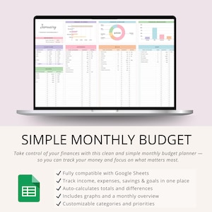 May include: A laptop displaying a simple monthly budget template. The screen shows a spreadsheet with sections for cash flow, expenses, and bills, with charts and graphs. The text "SIMPLE MONTHLY BUDGET" is below the laptop.