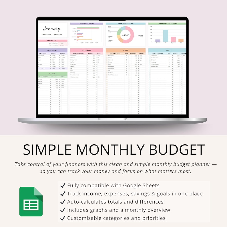 May include: A laptop displaying a simple monthly budget template. The screen shows a spreadsheet with sections for cash flow, expenses, and bills, with charts and graphs. The text "SIMPLE MONTHLY BUDGET" is below the laptop.