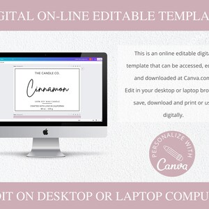 May include: A computer screen displaying a digital template for a candle label. The label is white with black text that reads "THE CANDLE CO. Cinnamon 100% Soy Wax Candle Crafted with Love in California 8 oz. 227g". The text "PERSONALIZE WITH Canva" is in a circle with a pencil icon.