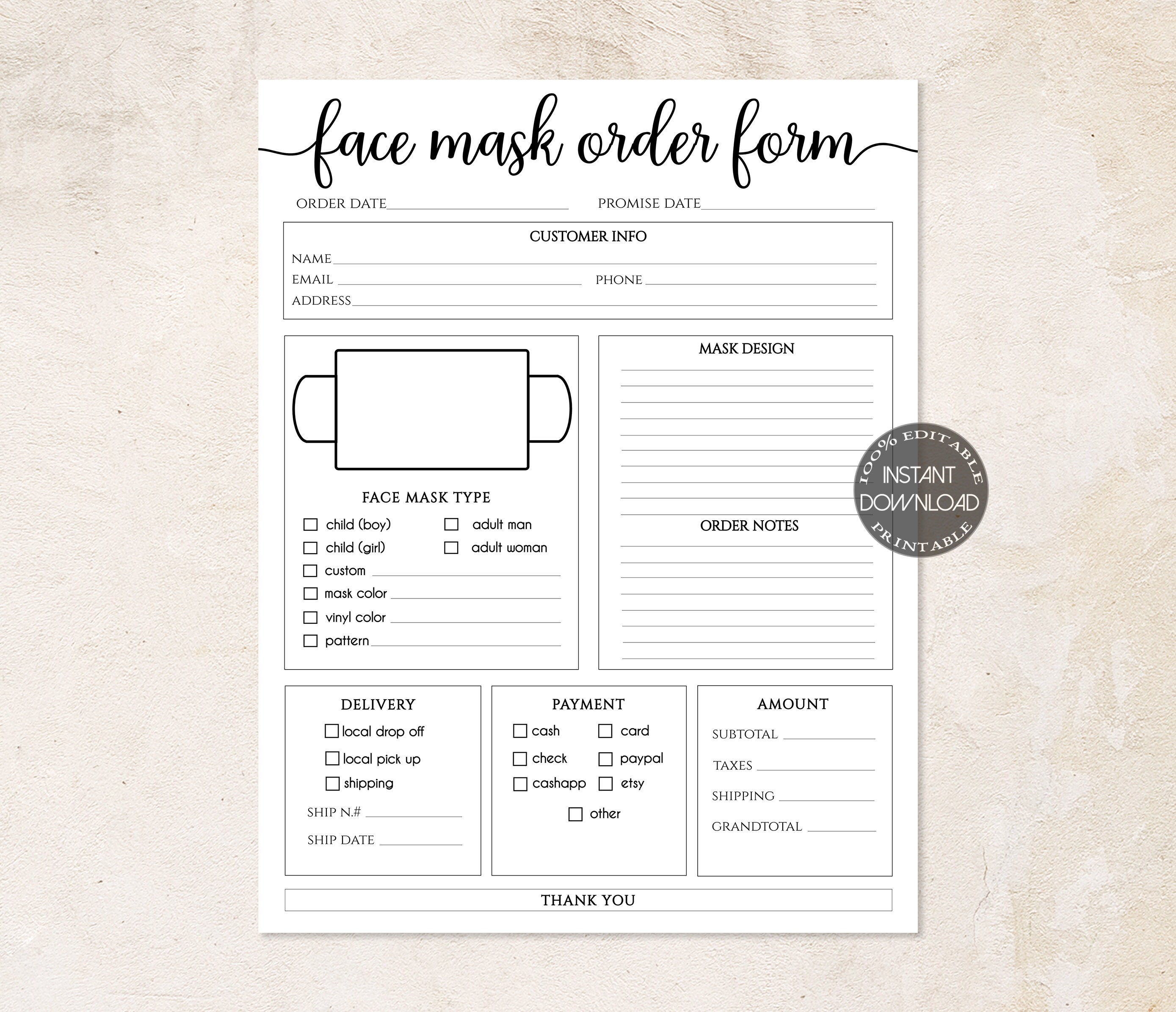face mask order form editable crafters order forms template etsy shop printable form