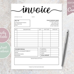 Invoice Template Editable | Canva Business Template, Small Business Printable Invoice, Custom Invoice Billing Form, DIY Invoice Form