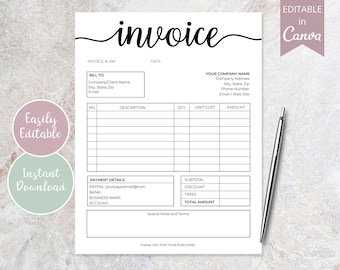 Invoice Template Editable | Canva Business Template, Small Business Printable Invoice, Custom Invoice Billing Form, DIY Invoice Form