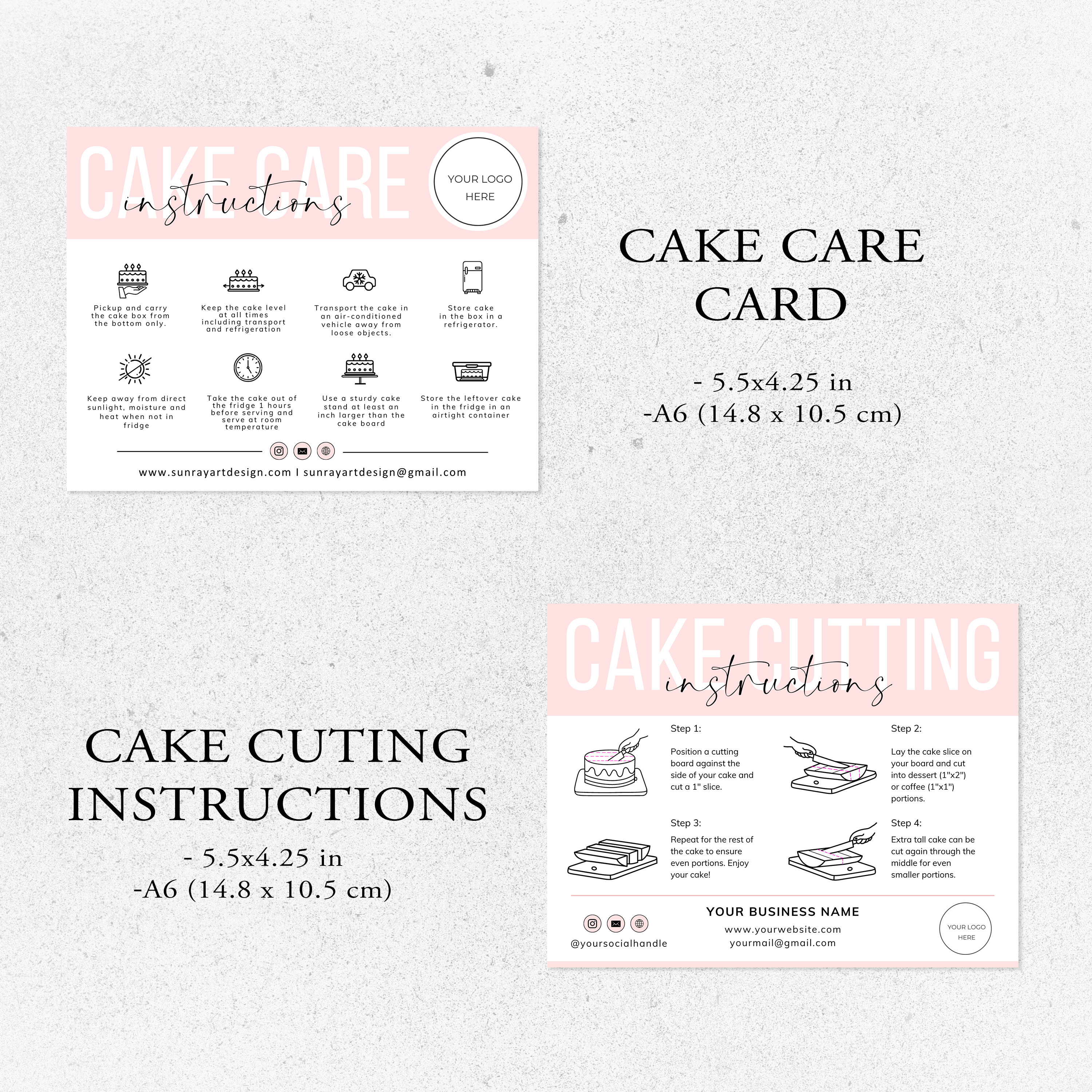 Cake Cutting Guide Set I Editable Canva Template I Cake Care Card, Care ...