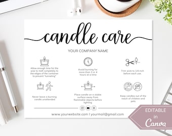 Candle Care Card Template, Canva Editable Candle Instructions Cards, Printable Candle Business Care Instructions, Candle Business Card