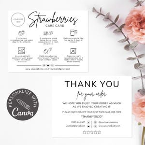 Plantilla de tarjeta de cuidado de fresas con chocolate / Inserto de panadería editable en Canva y tarjeta de agradecimiento / Guía de empaquetado de fresas cubiertas y dulces
