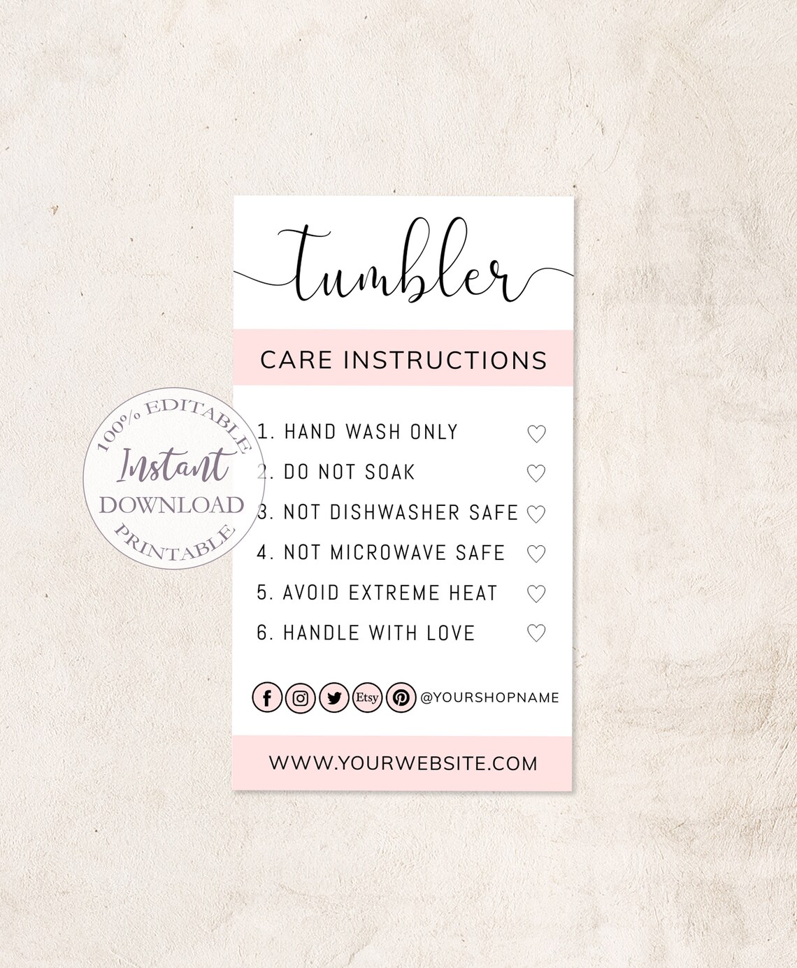 Tumbler Care Cards Editable Template Printable Tumbler Care | Etsy