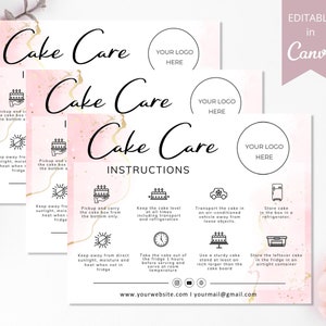 Modèle de carte d'entretien pour gâteau, cartes d'entretien pour gâteau de mariage modifiables Canva, guide d'entretien pour gâteau imprimable, instructions pour le gâteau, téléchargement immédiat. DTP-031