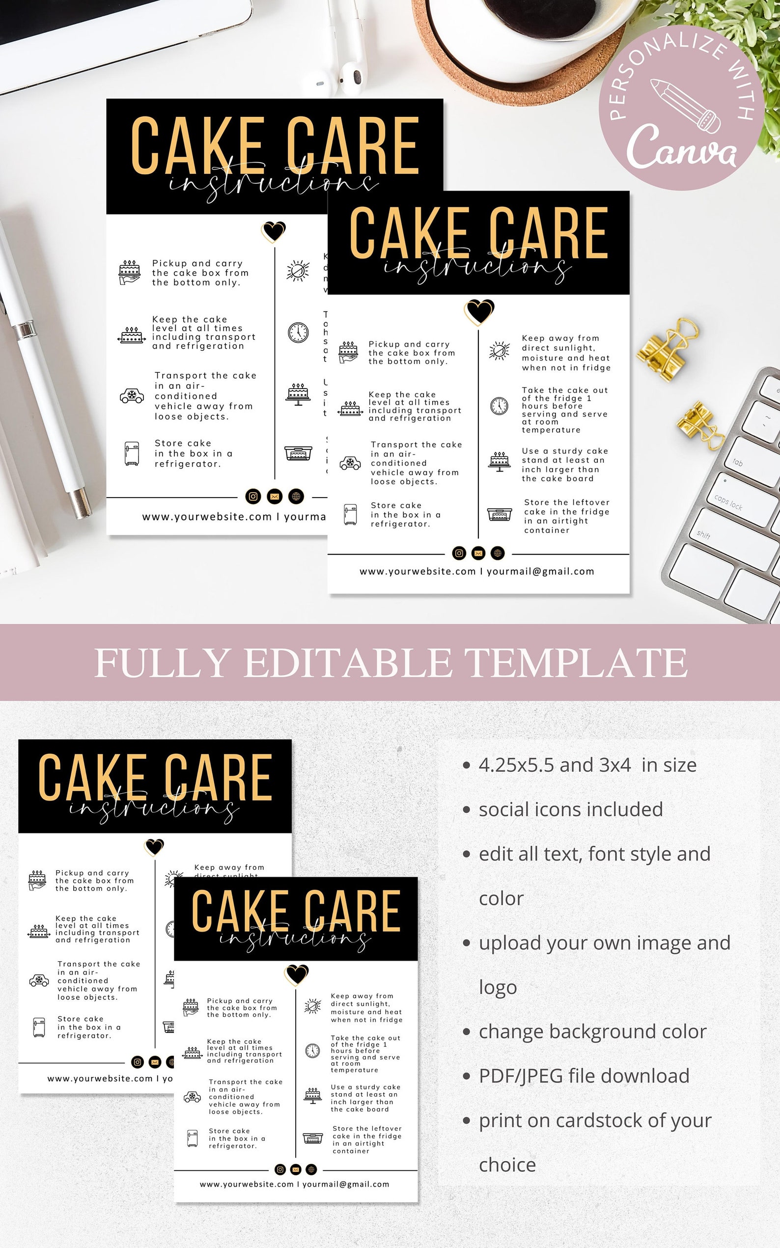 Cake Care Card I Editable Canva Template I Wedding Cake Care Cards I ...