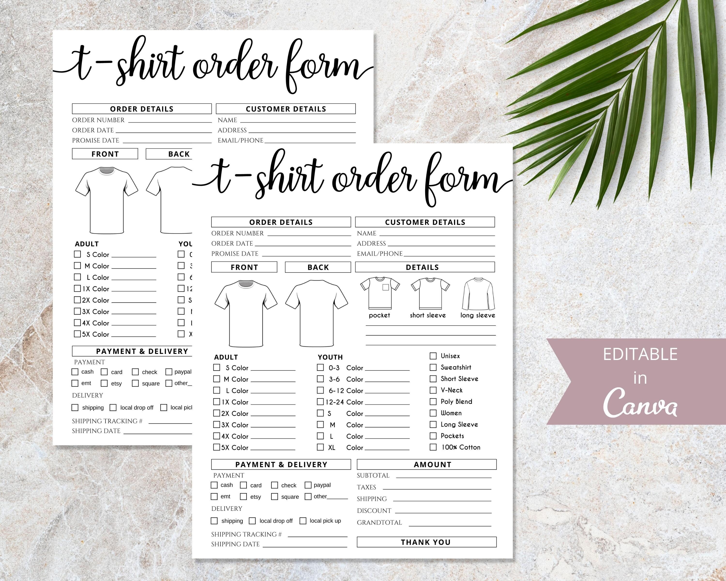 Tshirt Order Form I Canva Editable Template | Craft Business Order Form ...
