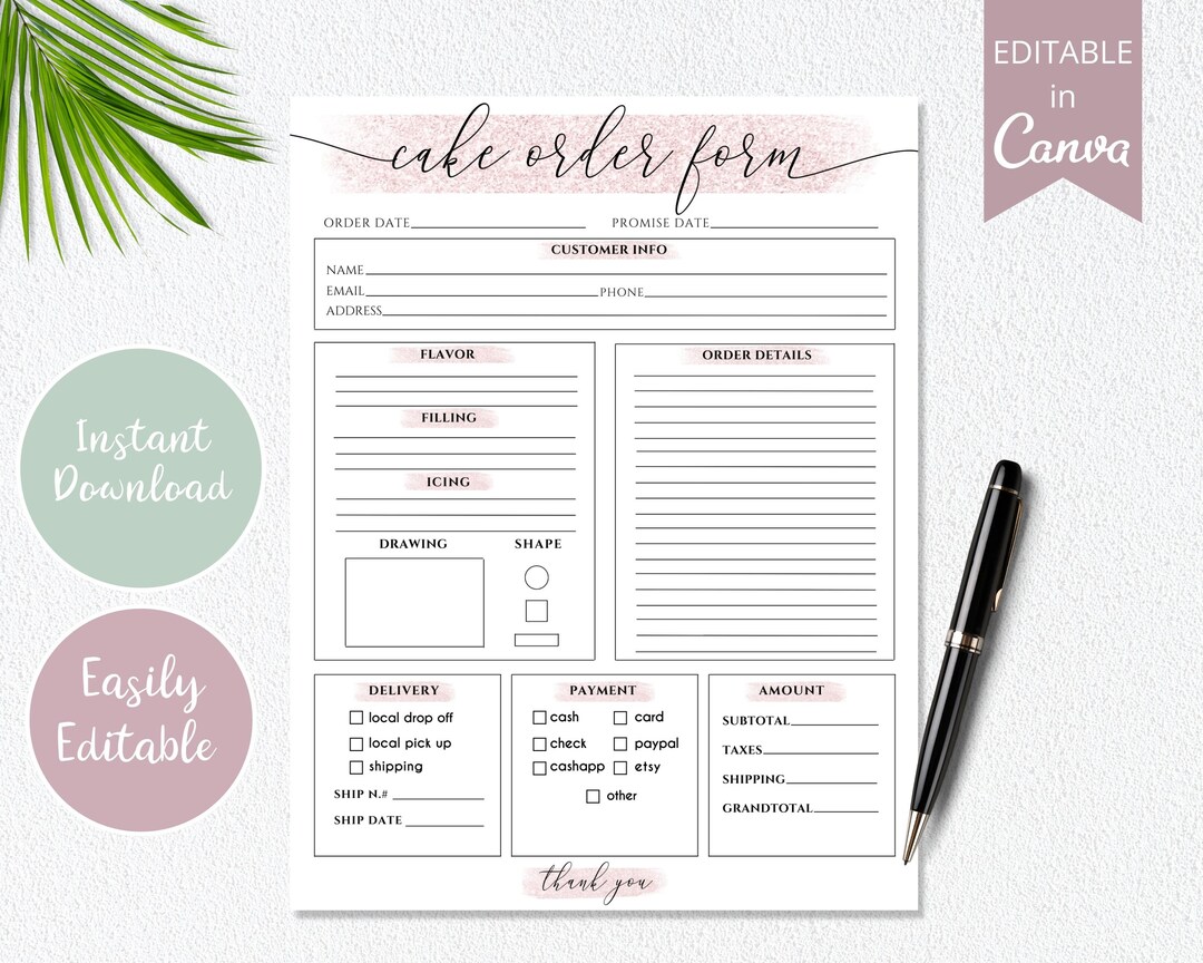 Cake Order Form Editable, Canva Template, Bakery Order Form Printable ...