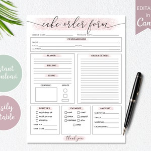May include: Printable cake order form with sections for customer information, order details, delivery, payment, and amount. The form has a pink watercolor background and the text "cake order form" is written in a cursive font.