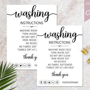 Wasinstructies Onderhoudskaart I Bewerkbare canvassjabloon I Etsy Shop-insteekkaart T-shirt I Afdrukbare verpakkingsinzet I Klein visitekaartje