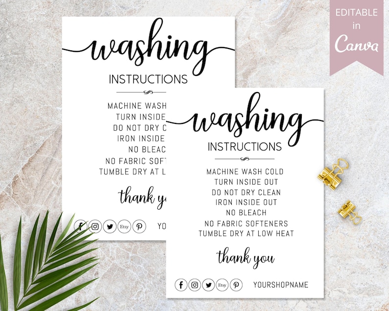 Editable washing instructions care card, printable Canva template with laundry symbols for a clothing business. Draft alt text, check before publishing.