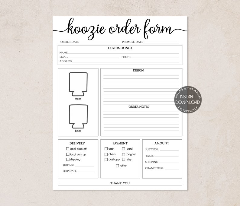 Download KOOZIE ORDER FORM Printable Etsy Shop Can Cooler Order ...