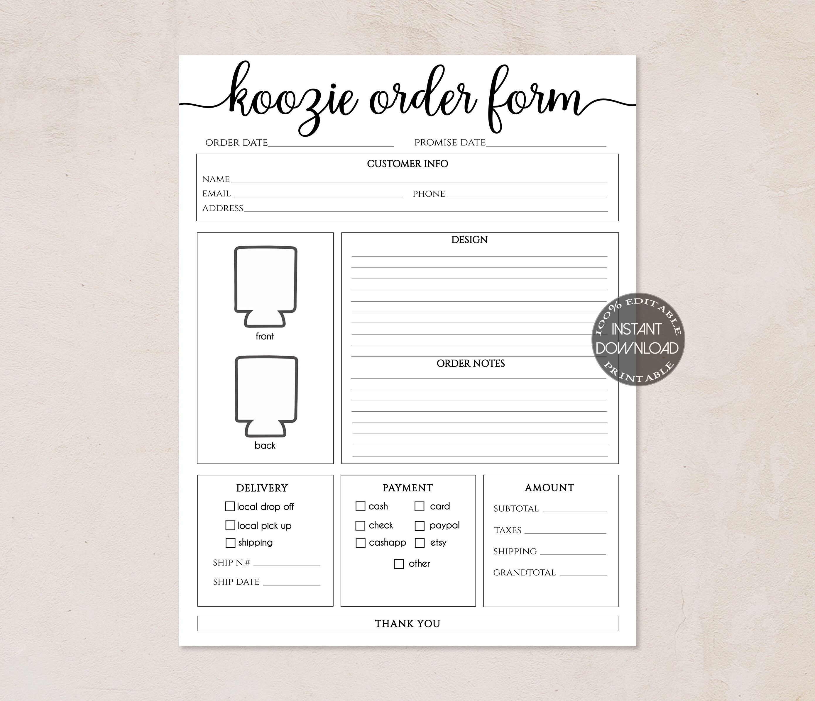 Download Koozie Order Form Printable Etsy Shop Can Cooler Order Forms Etsy