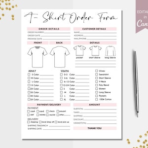 May include: A printable T-shirt order form with sections for order details, customer details, and payment/delivery. The form includes a design template for a T-shirt with options for pocket, short sleeve, and long sleeve styles. The form also includes a checklist for adult and youth sizes, colors, and styles.