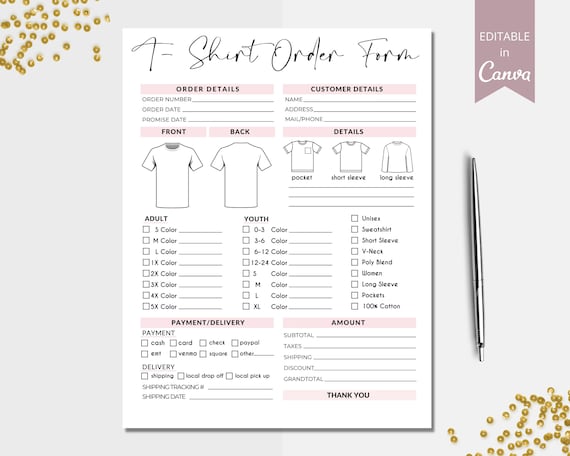 Shirt Order Form Template, Etsy Business Tshirt Order Form, Editable Tshirt Order Form, Printable Small Business Canva Template. DTP-004