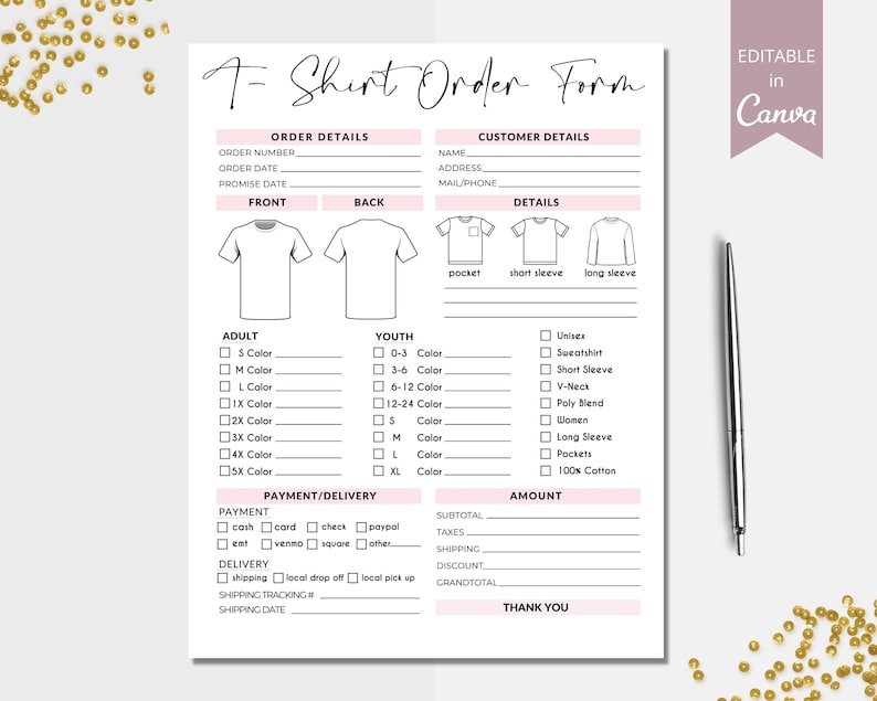 May include: A printable T-shirt order form with sections for order details, customer details, and payment/delivery. The form includes a design template for a T-shirt with options for pocket, short sleeve, and long sleeve styles. The form also includes a checklist for adult and youth sizes, colors, and styles.