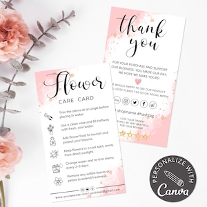 Tarjeta de cuidado de flores recién cortadas / Plantilla editable de Canva para encartes de floristería / Instrucciones de agradecimiento para la entrega de flores y pedidos de plantas